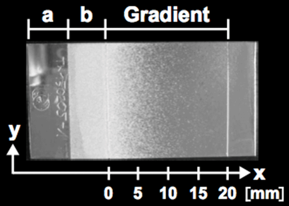 Enlarged view: Fig. 2: Photograph of an original aluminum roughness gradient over 20 millimeter. The section a) shows the initial, non-blasted surface, b) a section that was sand-blasted only.