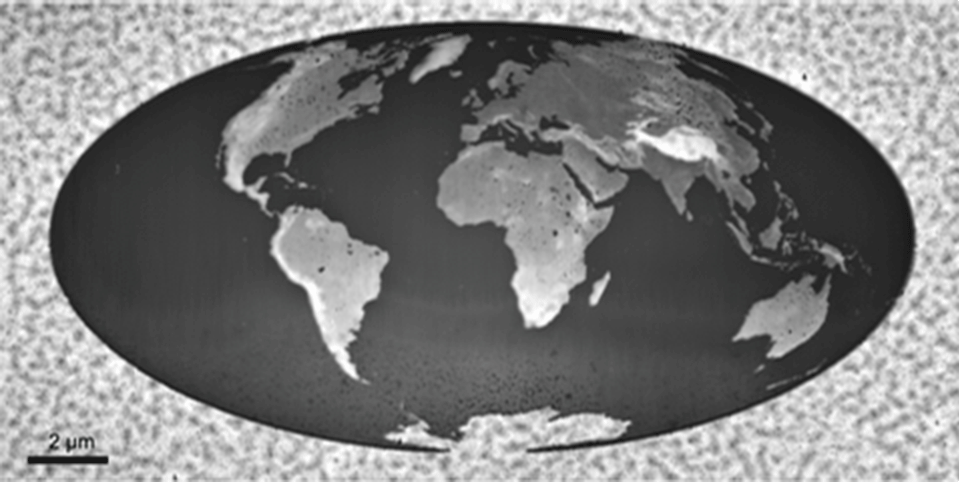 Enlarged view: Direct-write of 3D nanostructures: Topographical world map consisting of 5·10^5 pixels with a pitch of 20 nm written into PPA. The depth of the oceans is 80 nm, the patterning depth of the land corresponds to the respective altitude. [2]