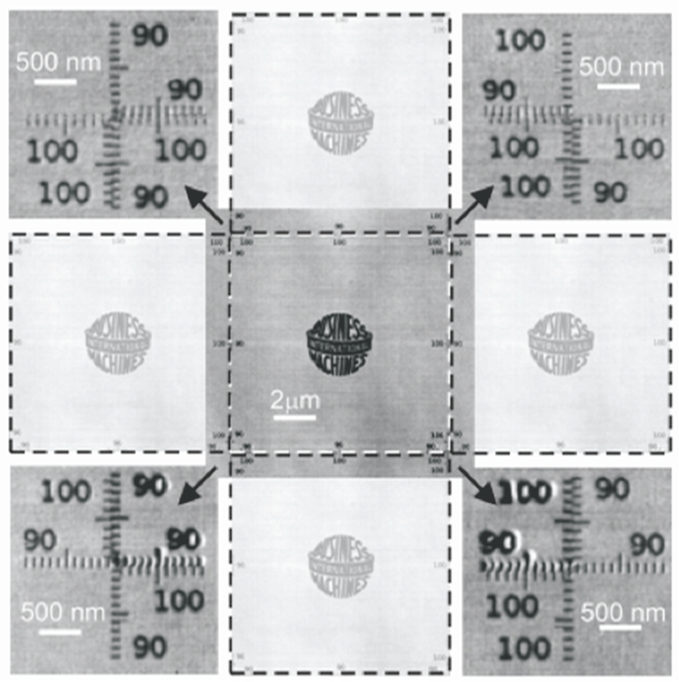 Enlarged view: Field-stitching: Four fields stitched around a central pattern. The in-situ imaging capability and the natural surface roughness of the polymer were used for the stitching process. The Vernier dials in the corners of the fields reveal the achieved stitching accuracy of around 10 nm. [4]