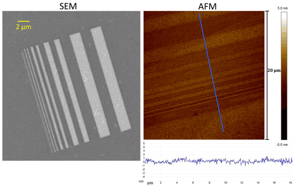 Enlarged view: Figure 3: SEM micrograph of a grating of gold stripes in silver, and corresponding AFM image and height profile on a line perpendicular to the stripes, showing the topographical continuity between the gold and the silver areas.