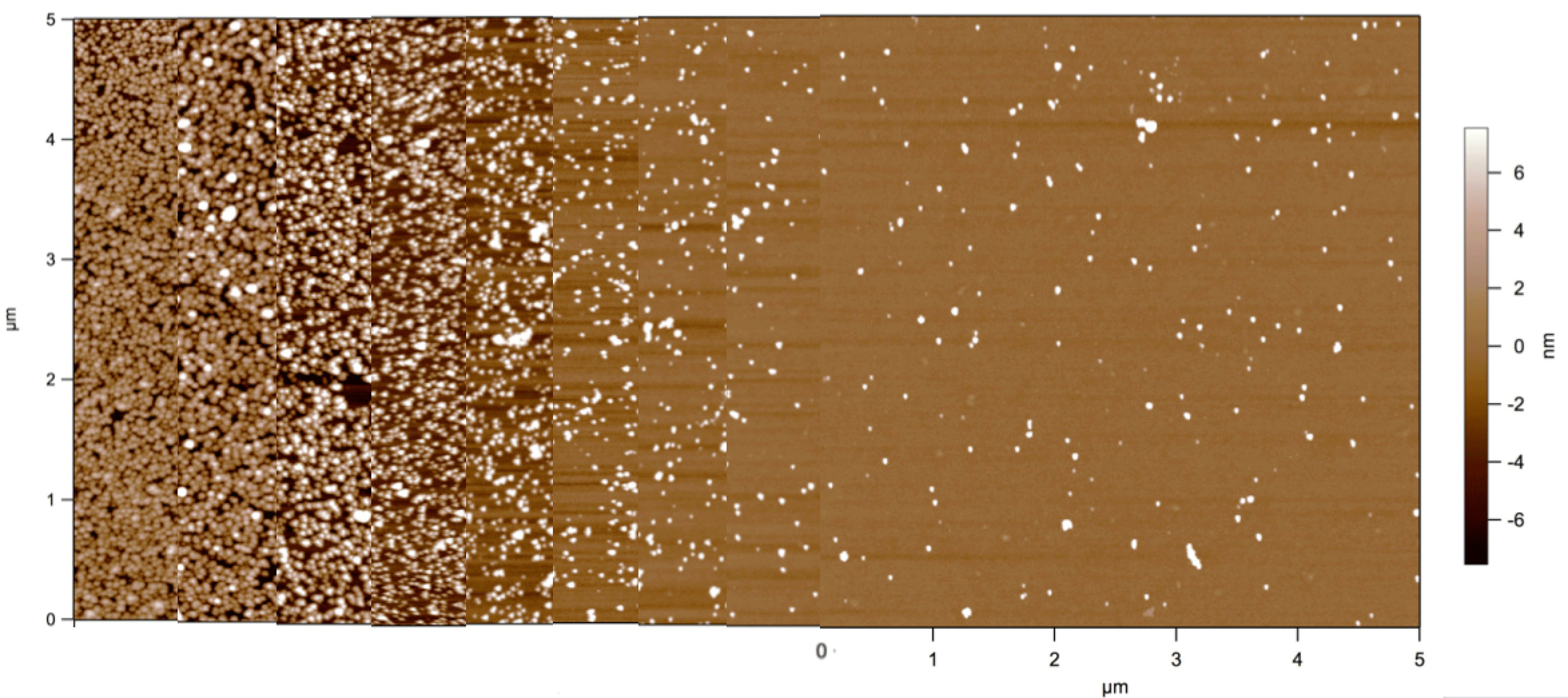 Enlarged view: Figure 1: Stitched AFM images, taken along the length of the 12 nm particle gradient sample.